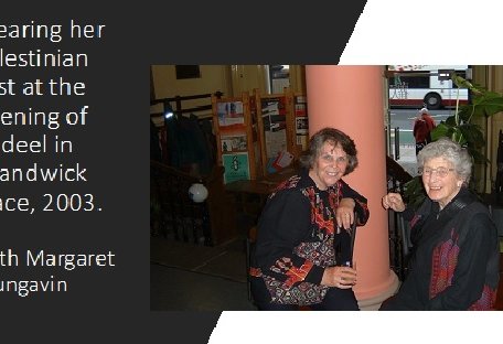 Image of Runa Mackay wearing her Palestinian vest at the opening of Hadeel in Shandwick Place, 2003.