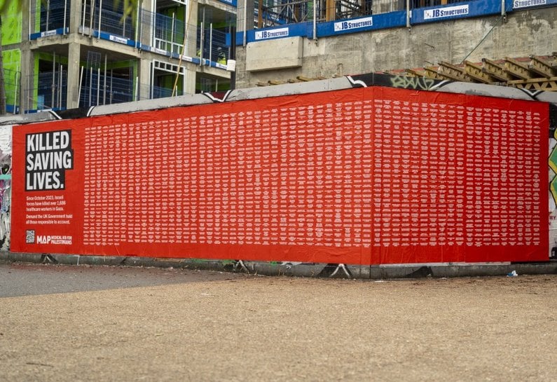 A 10-metre-long memorial wall in London, established by MAP, to pay tribute to the healthcare workers killed by the Israeli military in Gaza since October 2023