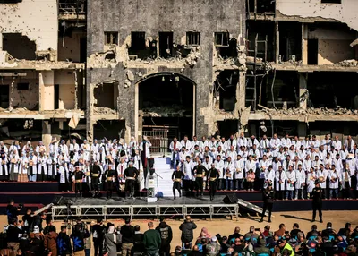 A view from the graduation ceremony held at Shifa Hospital in Gaza City, which suffered severe damage as a result of Israeli military attacks, for 170 doctors who earned their specialist certificates from the Ministry of Health on December 25, 2025. A lar