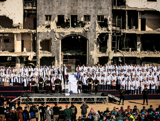A view from the graduation ceremony held at Shifa Hospital in Gaza City, which suffered severe damage as a result of Israeli military attacks, for 170 doctors who earned their specialist certificates from the Ministry of Health on December 25, 2025. A lar