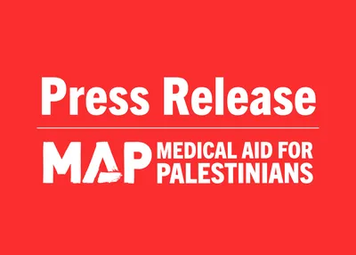 Medical Aid for Palestinians press release card in red