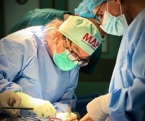 Dr Mahim Qureshi in the operating theatre at Al Aqsa Hospital, 6 April 2024.