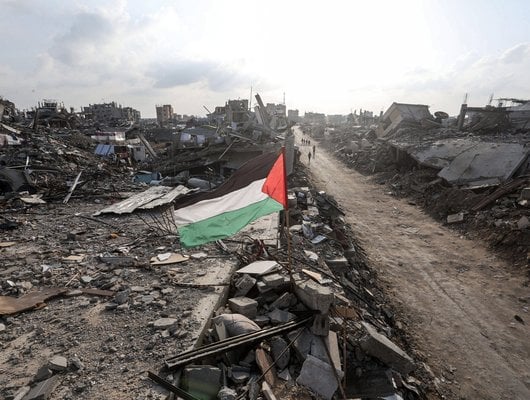 A Palestinian flag planted in the rubble in Gaza