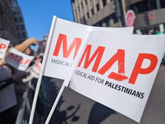 Two small flags with MAP's logo held in a hand at the side of a marathon.