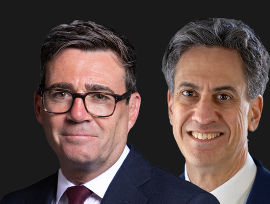 Profile of Prime Minister, Andy Burnham, and Foreign Secretary, Ed Miliband on a plain black square.