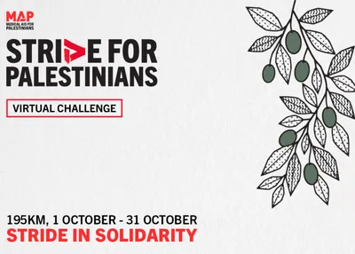 Stride event thumbnail with an olive branch graphic, reading: Stride for Palestinians virtual challenge. 195KM, 1 October - 31 October. Stride in Solidarity.