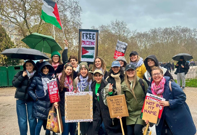 Group shot of the March for Palestine Solidarity Sisters at a London protest